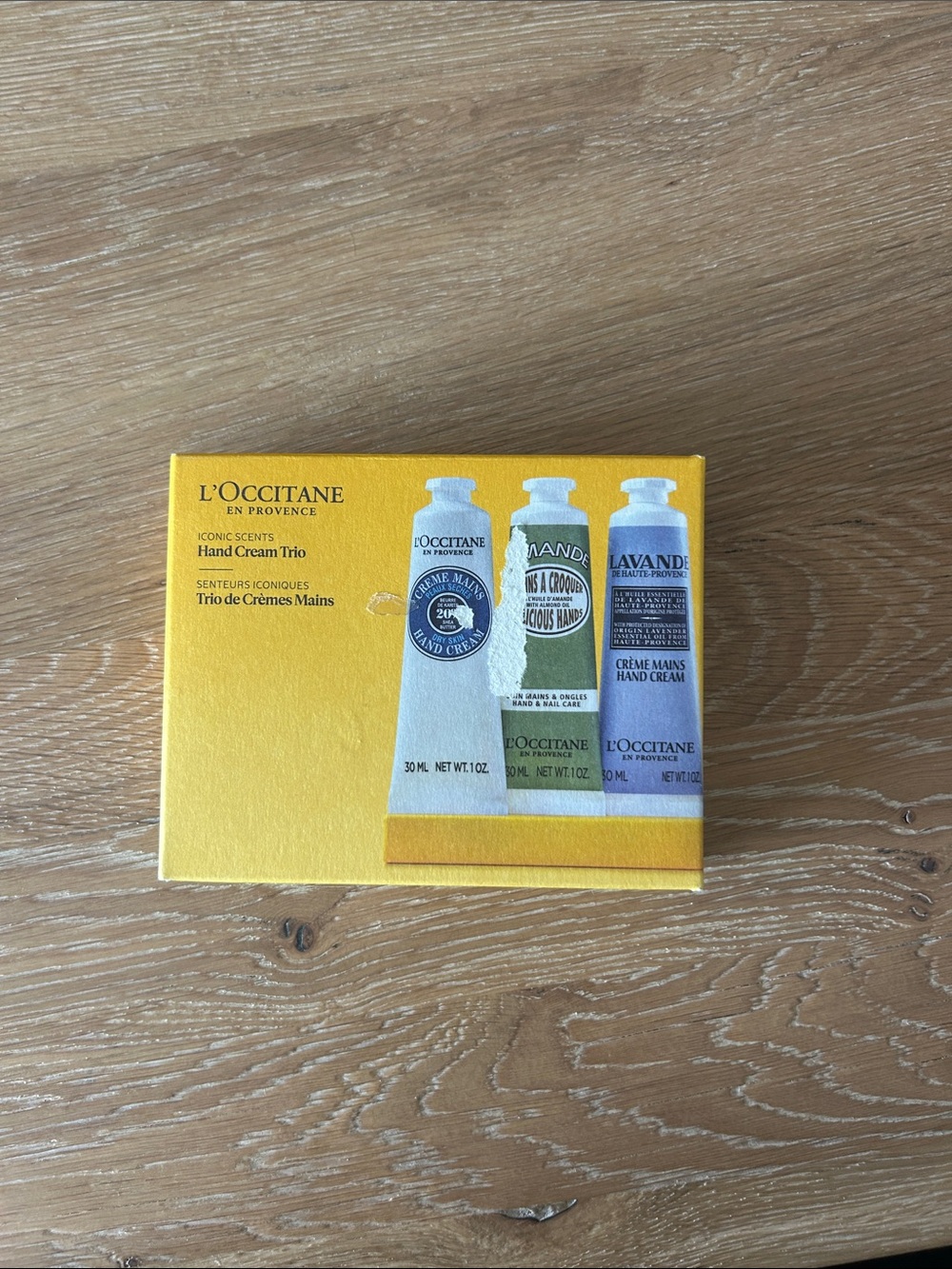 L'OCCITANE Yellow Hand Cream Trio Box with Blue, Green, Purple Tubes